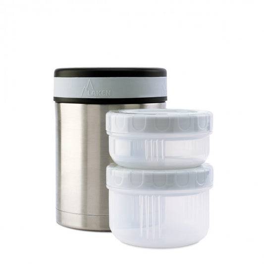 STAINLESS STEEL THERMO FOOD FLASK WITH INTERIOR CONTAINERS AND COVER 34oz